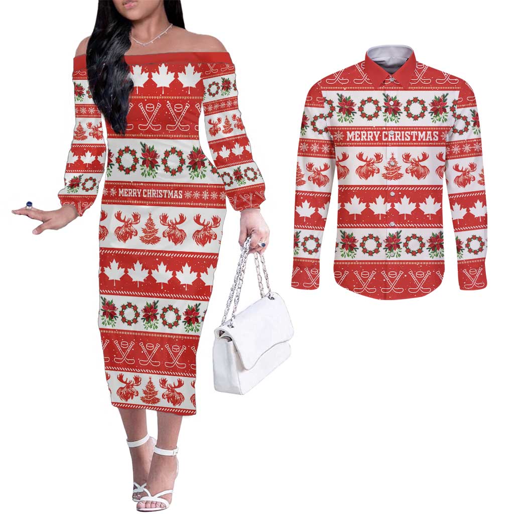 Personalised Canada Christmas Couples Matching Off The Shoulder Long Sleeve Dress and Long Sleeve Button Shirt Canadian Moose Maple Leaf Seamless Style - Wonder Print Shop