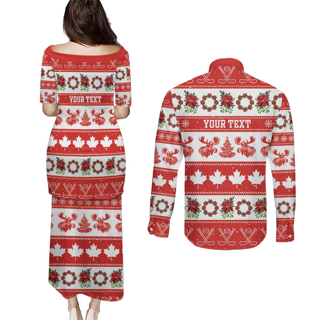 Personalised Canada Christmas Couples Matching Puletasi and Long Sleeve Button Shirt Canadian Moose Maple Leaf Seamless Style - Wonder Print Shop