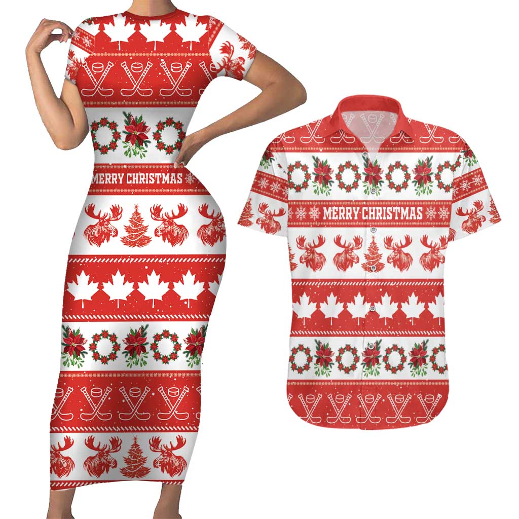 Personalised Canada Christmas Couples Matching Short Sleeve Bodycon Dress and Hawaiian Shirt Canadian Moose Maple Leaf Seamless Style - Wonder Print Shop