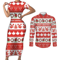 Personalised Canada Christmas Couples Matching Short Sleeve Bodycon Dress and Long Sleeve Button Shirt Canadian Moose Maple Leaf Seamless Style - Wonder Print Shop