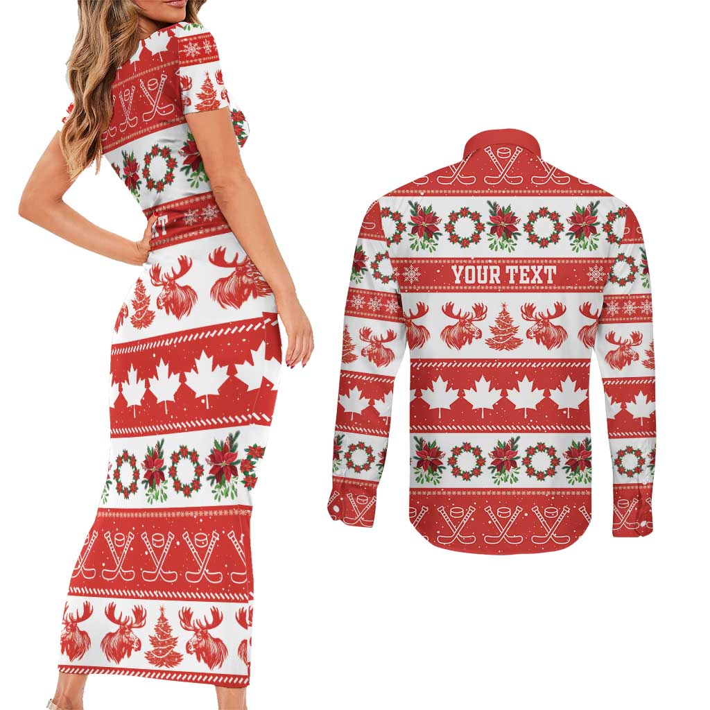 Personalised Canada Christmas Couples Matching Short Sleeve Bodycon Dress and Long Sleeve Button Shirt Canadian Moose Maple Leaf Seamless Style - Wonder Print Shop