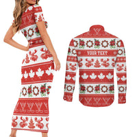 Personalised Canada Christmas Couples Matching Short Sleeve Bodycon Dress and Long Sleeve Button Shirt Canadian Moose Maple Leaf Seamless Style - Wonder Print Shop