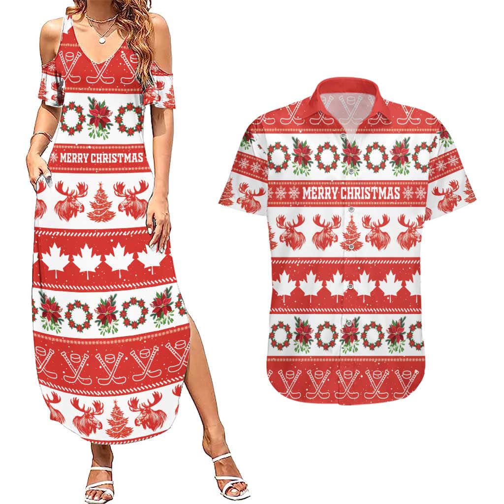 Personalised Canada Christmas Couples Matching Summer Maxi Dress and Hawaiian Shirt Canadian Moose Maple Leaf Seamless Style - Wonder Print Shop