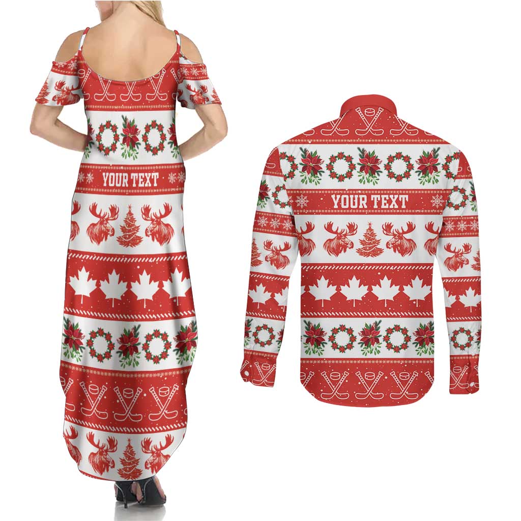 Personalised Canada Christmas Couples Matching Summer Maxi Dress and Long Sleeve Button Shirt Canadian Moose Maple Leaf Seamless Style - Wonder Print Shop