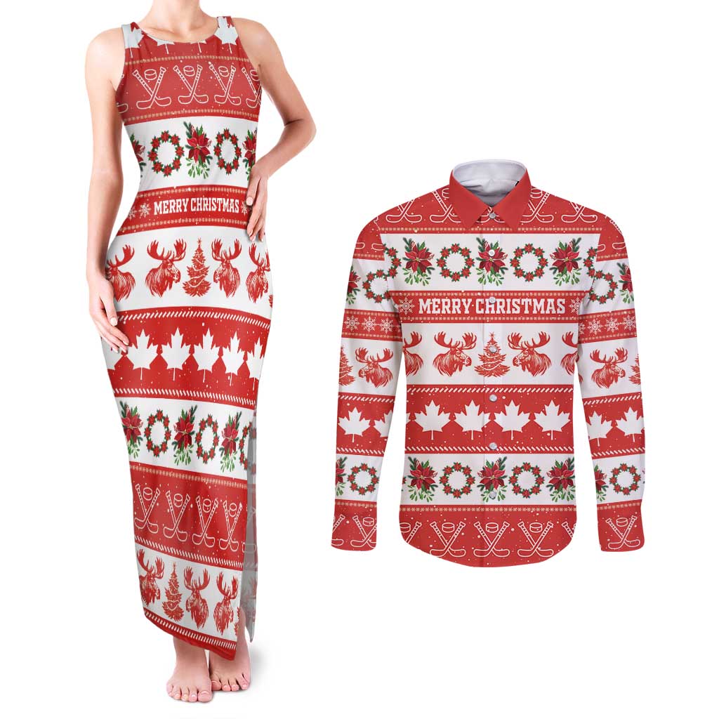 Personalised Canada Christmas Couples Matching Tank Maxi Dress and Long Sleeve Button Shirt Canadian Moose Maple Leaf Seamless Style - Wonder Print Shop