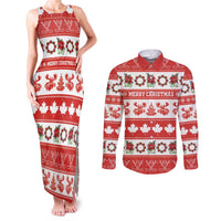 Personalised Canada Christmas Couples Matching Tank Maxi Dress and Long Sleeve Button Shirt Canadian Moose Maple Leaf Seamless Style - Wonder Print Shop