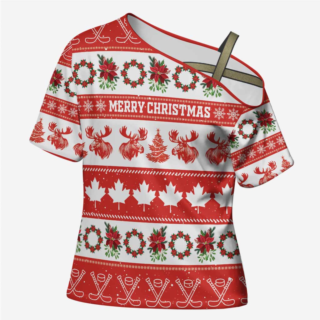 Personalised Canada Christmas Cross Shoulder Shirt Canadian Moose Maple Leaf Seamless Style - Wonder Print Shop