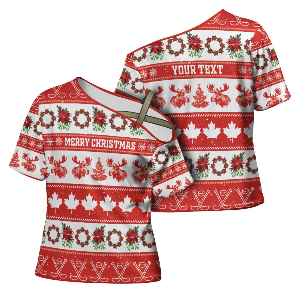 Personalised Canada Christmas Cross Shoulder Shirt Canadian Moose Maple Leaf Seamless Style - Wonder Print Shop