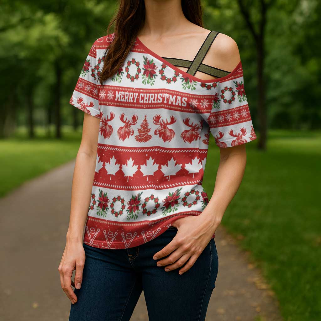 Personalised Canada Christmas Cross Shoulder Shirt Canadian Moose Maple Leaf Seamless Style - Wonder Print Shop