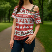 Personalised Canada Christmas Cross Shoulder Shirt Canadian Moose Maple Leaf Seamless Style - Wonder Print Shop