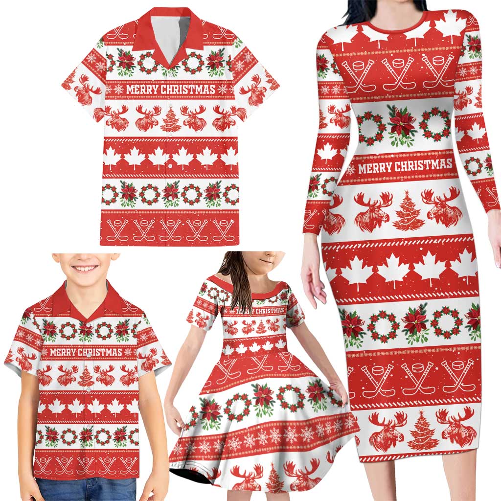 Personalised Canada Christmas Family Matching Long Sleeve Bodycon Dress and Hawaiian Shirt Canadian Moose Maple Leaf Seamless Style - Wonder Print Shop