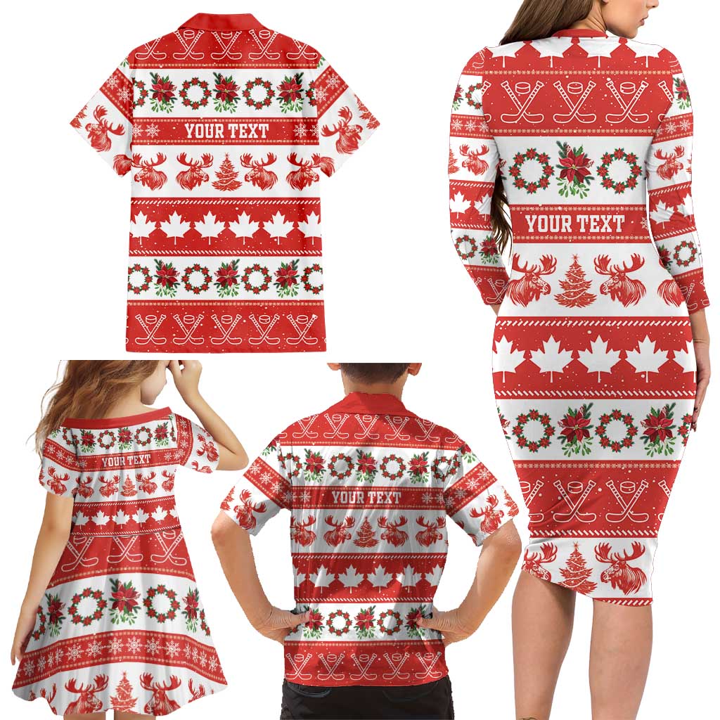 Personalised Canada Christmas Family Matching Long Sleeve Bodycon Dress and Hawaiian Shirt Canadian Moose Maple Leaf Seamless Style - Wonder Print Shop
