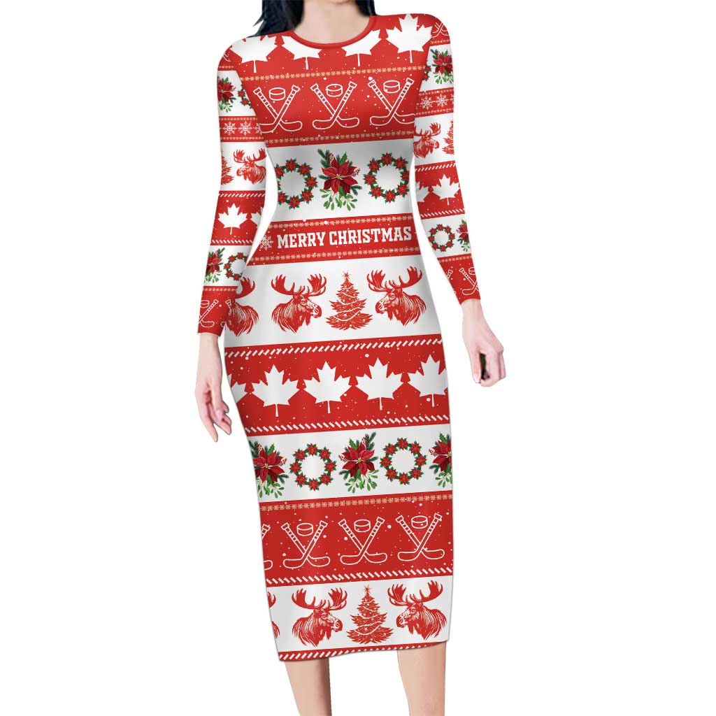 Personalised Canada Christmas Family Matching Long Sleeve Bodycon Dress and Hawaiian Shirt Canadian Moose Maple Leaf Seamless Style - Wonder Print Shop
