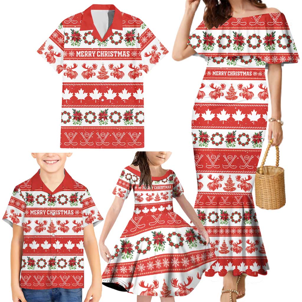 Personalised Canada Christmas Family Matching Mermaid Dress and Hawaiian Shirt Canadian Moose Maple Leaf Seamless Style - Wonder Print Shop