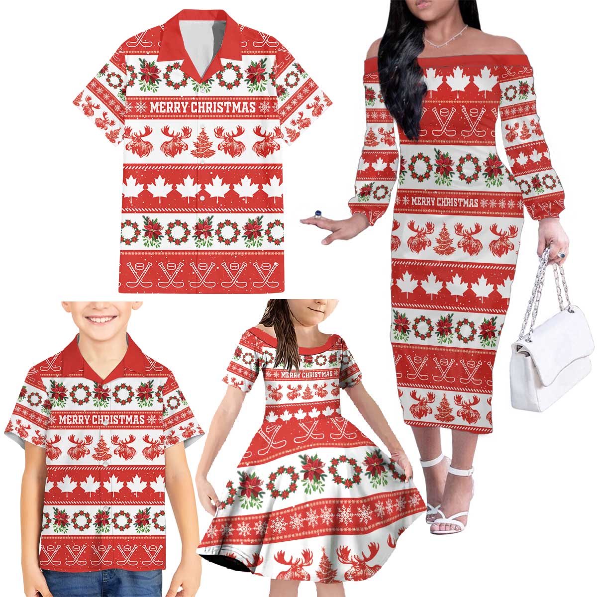Personalised Canada Christmas Family Matching Off The Shoulder Long Sleeve Dress and Hawaiian Shirt Canadian Moose Maple Leaf Seamless Style - Wonder Print Shop