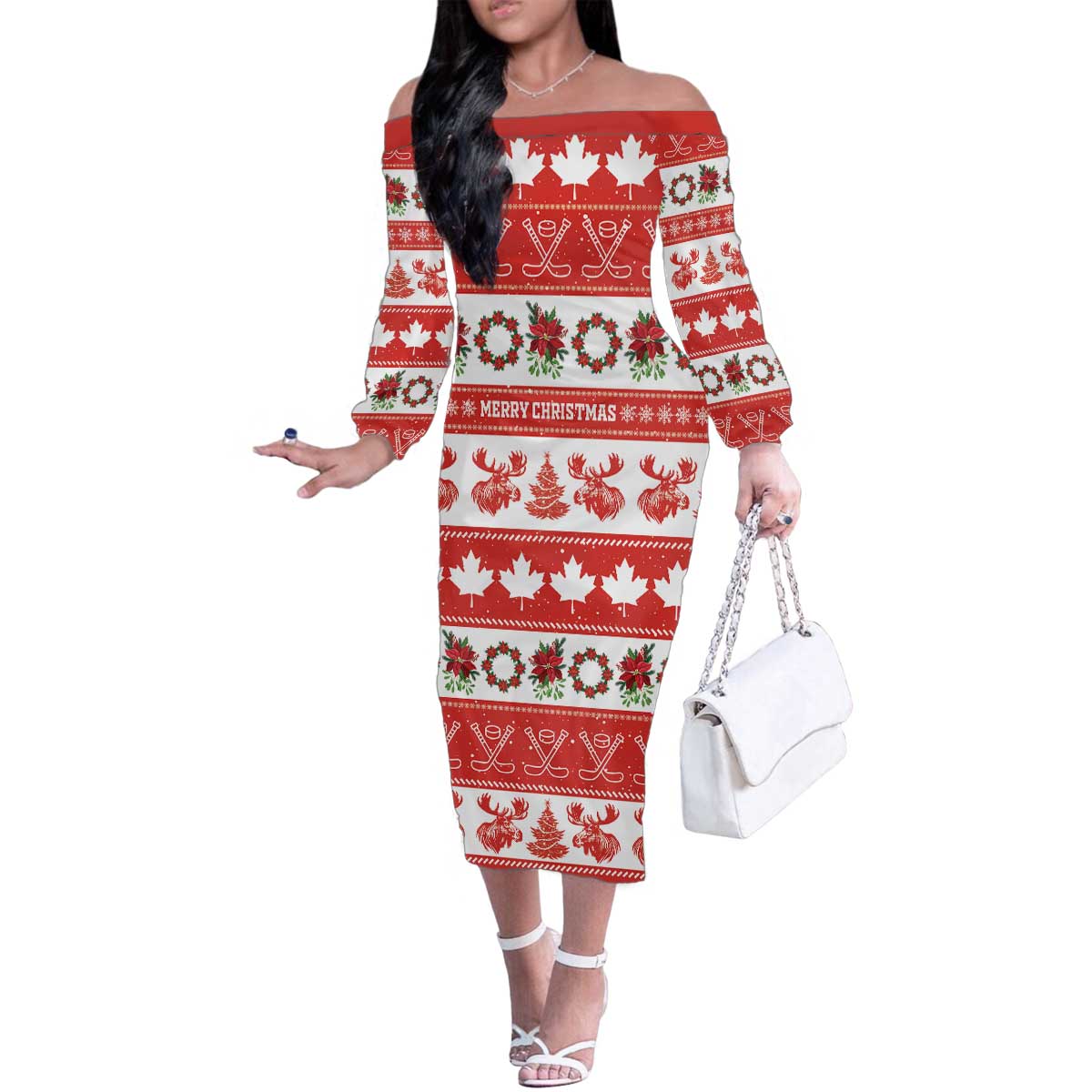 Personalised Canada Christmas Family Matching Off The Shoulder Long Sleeve Dress and Hawaiian Shirt Canadian Moose Maple Leaf Seamless Style - Wonder Print Shop