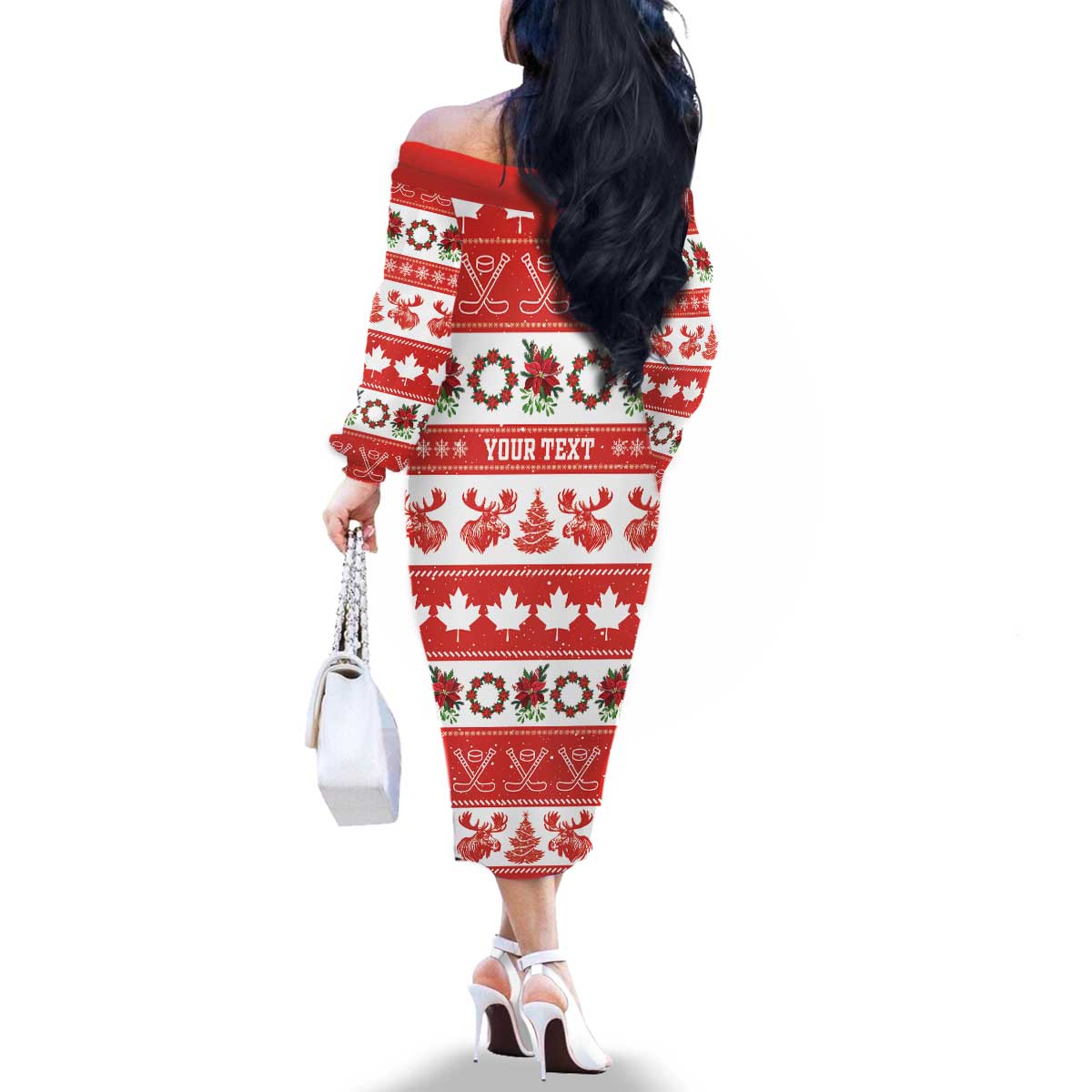 Personalised Canada Christmas Family Matching Off The Shoulder Long Sleeve Dress and Hawaiian Shirt Canadian Moose Maple Leaf Seamless Style - Wonder Print Shop