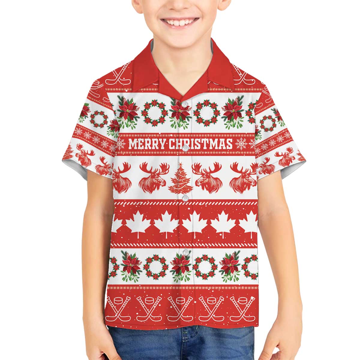 Personalised Canada Christmas Family Matching Off The Shoulder Long Sleeve Dress and Hawaiian Shirt Canadian Moose Maple Leaf Seamless Style - Wonder Print Shop