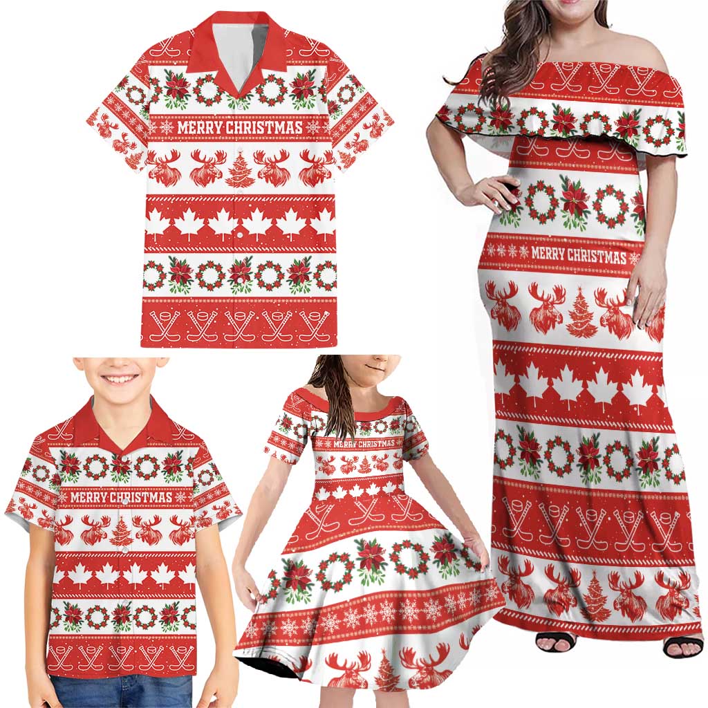 Personalised Canada Christmas Family Matching Off Shoulder Maxi Dress and Hawaiian Shirt Canadian Moose Maple Leaf Seamless Style - Wonder Print Shop