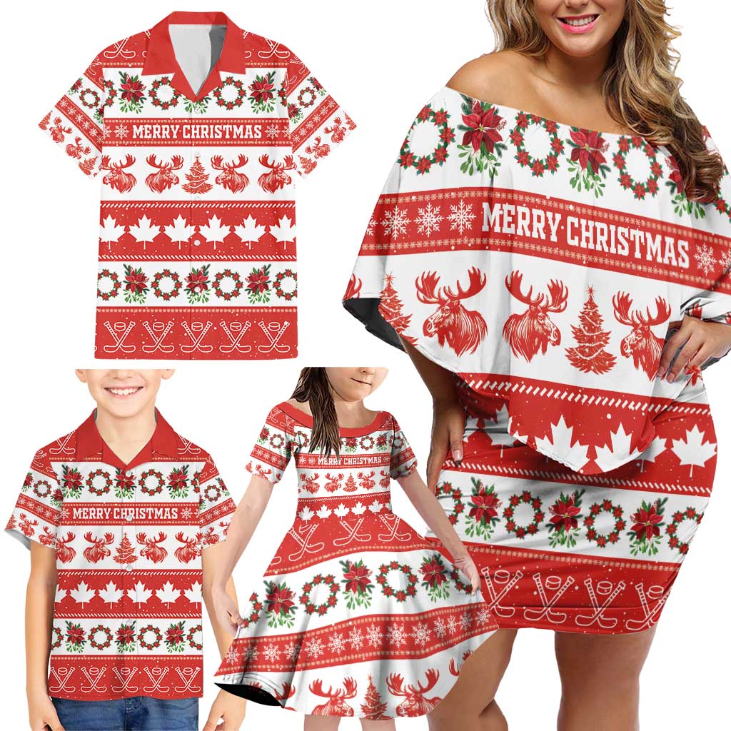 Personalised Canada Christmas Family Matching Off Shoulder Short Dress and Hawaiian Shirt Canadian Moose Maple Leaf Seamless Style - Wonder Print Shop
