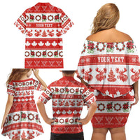 Personalised Canada Christmas Family Matching Off Shoulder Short Dress and Hawaiian Shirt Canadian Moose Maple Leaf Seamless Style - Wonder Print Shop