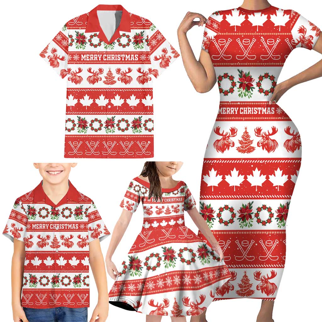 Personalised Canada Christmas Family Matching Short Sleeve Bodycon Dress and Hawaiian Shirt Canadian Moose Maple Leaf Seamless Style - Wonder Print Shop