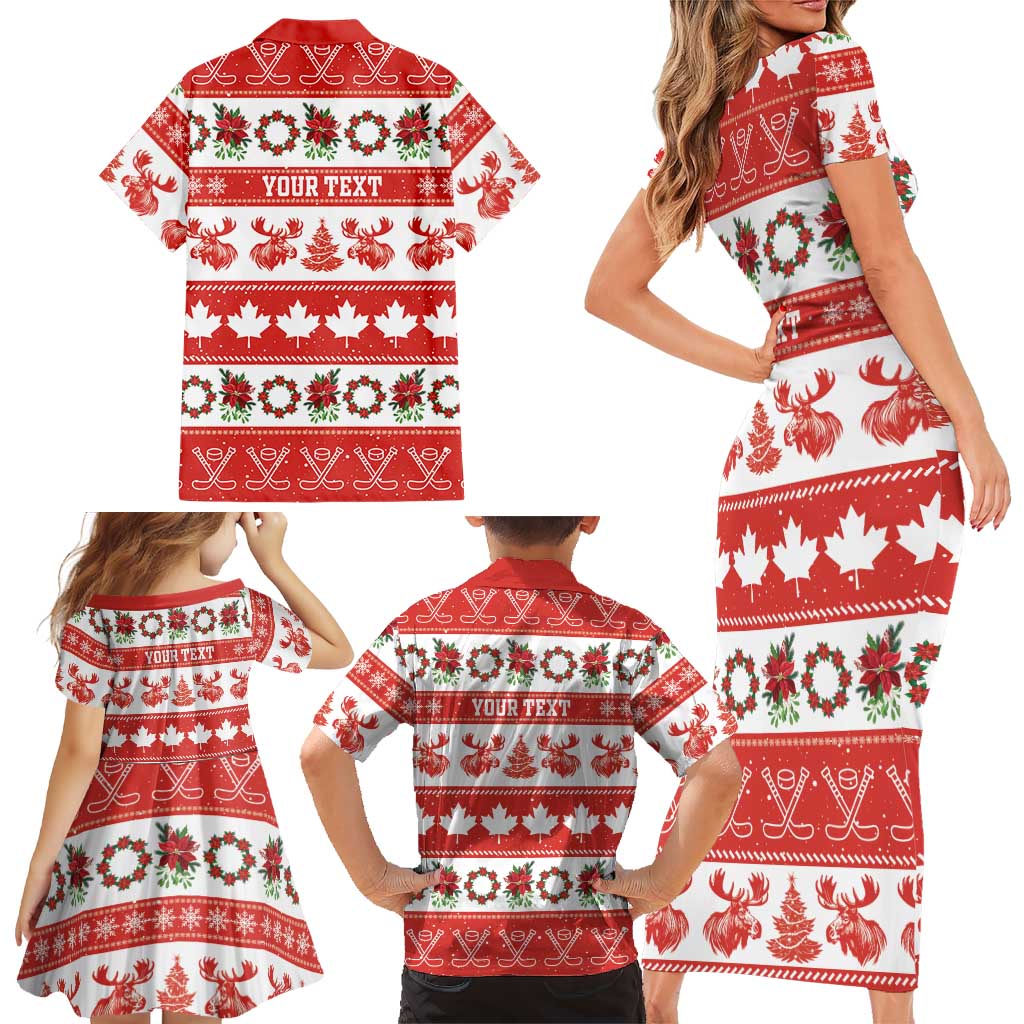 Personalised Canada Christmas Family Matching Short Sleeve Bodycon Dress and Hawaiian Shirt Canadian Moose Maple Leaf Seamless Style - Wonder Print Shop