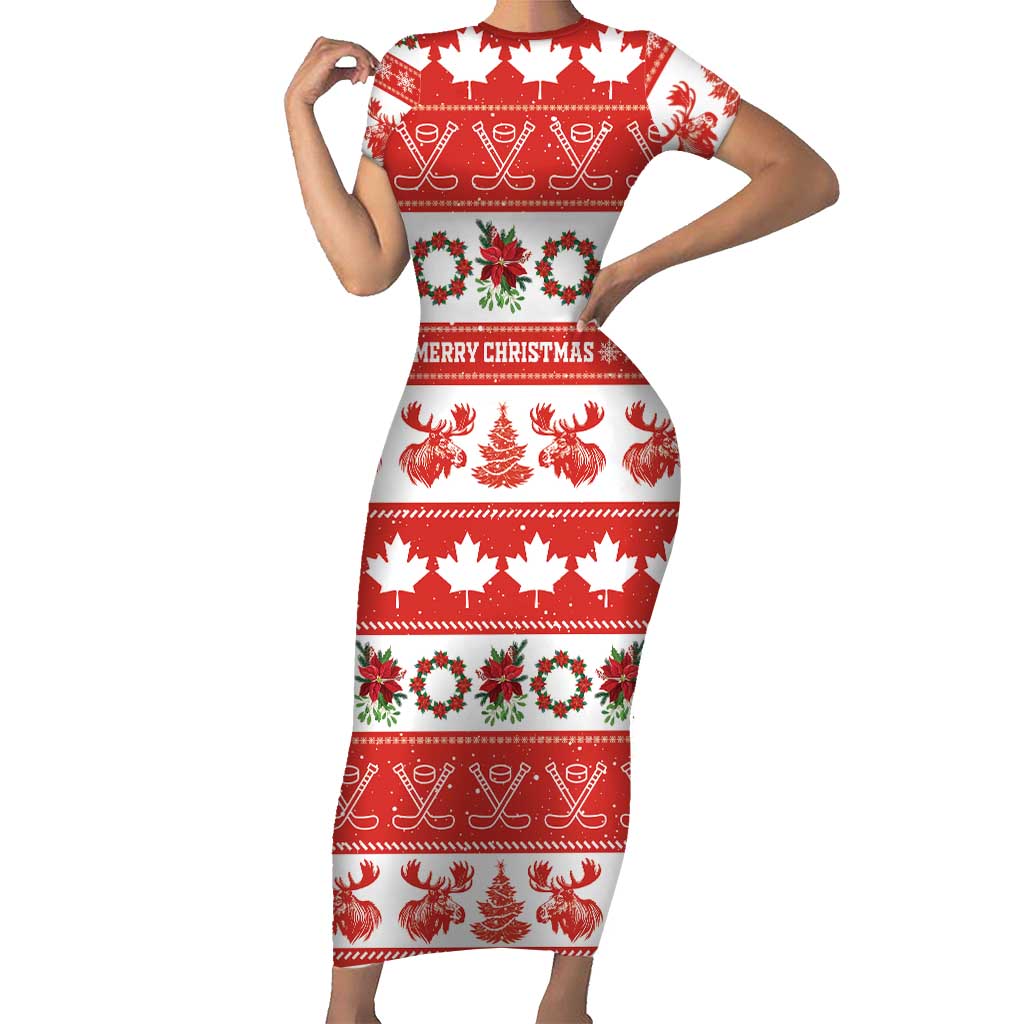 Personalised Canada Christmas Family Matching Short Sleeve Bodycon Dress and Hawaiian Shirt Canadian Moose Maple Leaf Seamless Style - Wonder Print Shop