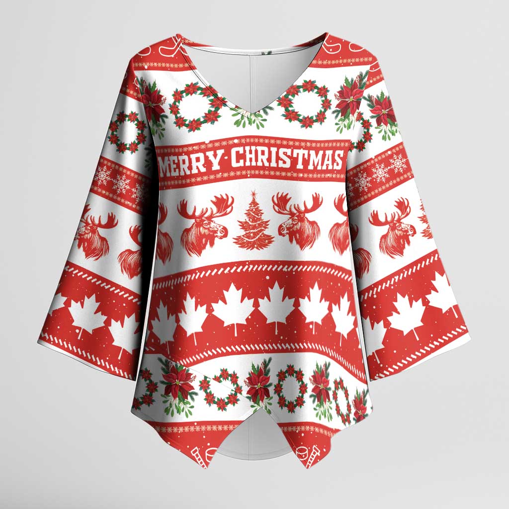 Personalised Canada Christmas Kimono Sleeve Blouse Canadian Moose Maple Leaf Seamless Style - Wonder Print Shop
