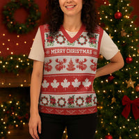 Personalised Canada Christmas Knitted V-Neck Vest Canadian Moose Maple Leaf Seamless Style - Wonder Print Shop