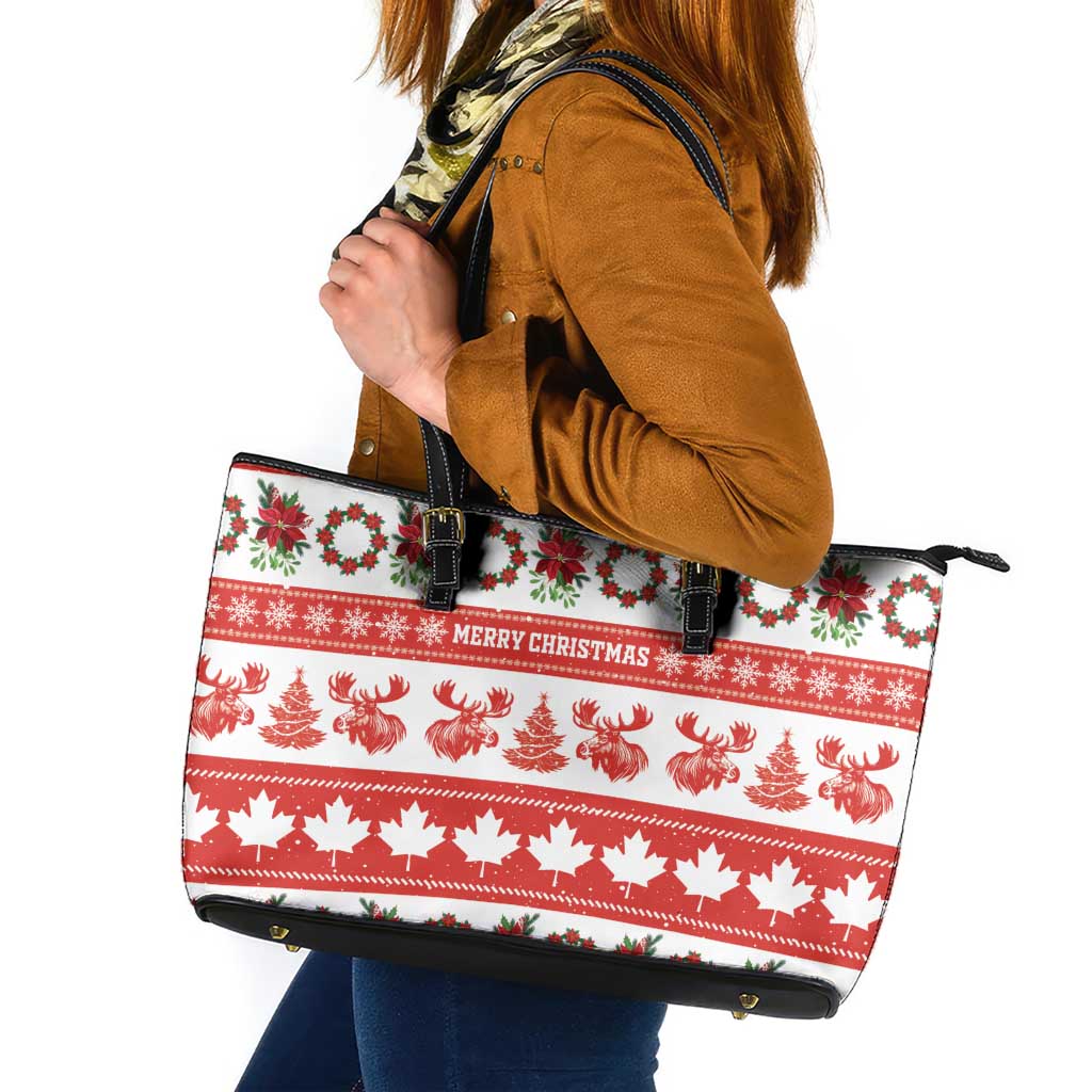 Canada Christmas Leather Tote Bag Canadian Moose Maple Leaf Seamless Style - Wonder Print Shop