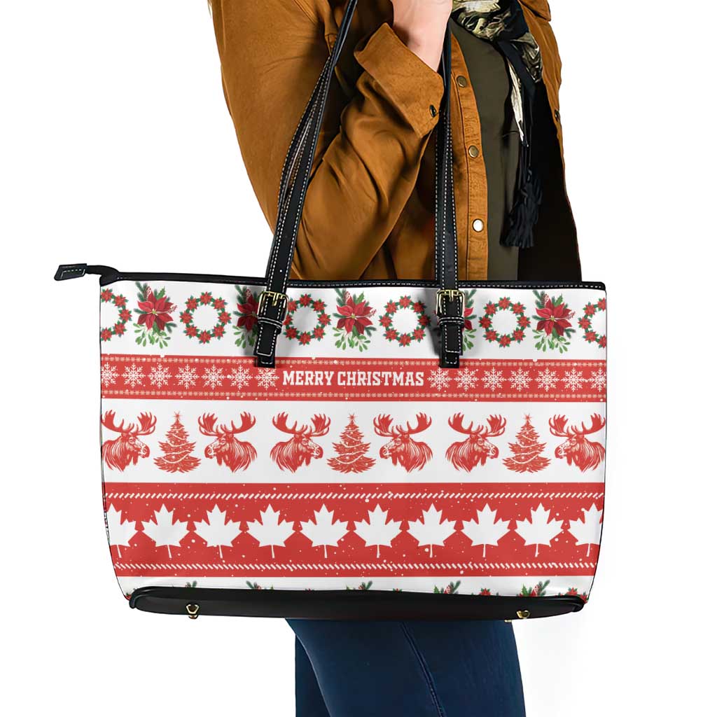 Canada Christmas Leather Tote Bag Canadian Moose Maple Leaf Seamless Style - Wonder Print Shop