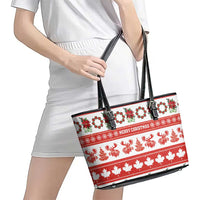 Canada Christmas Leather Tote Bag Canadian Moose Maple Leaf Seamless Style - Wonder Print Shop