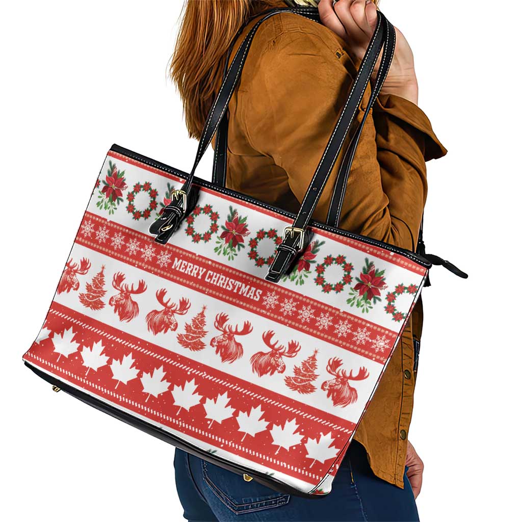 Canada Christmas Leather Tote Bag Canadian Moose Maple Leaf Seamless Style - Wonder Print Shop