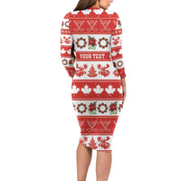 Personalised Canada Christmas Long Sleeve Bodycon Dress Canadian Moose Maple Leaf Seamless Style - Wonder Print Shop