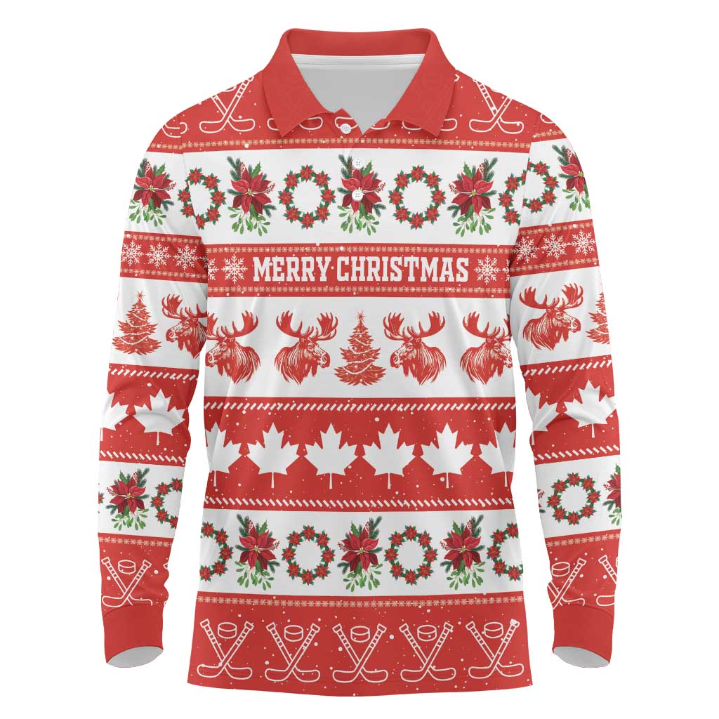 Personalised Canada Christmas Long Sleeve Polo Shirt Canadian Moose Maple Leaf Seamless Style - Wonder Print Shop