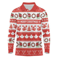 Personalised Canada Christmas Long Sleeve Polo Shirt Canadian Moose Maple Leaf Seamless Style - Wonder Print Shop