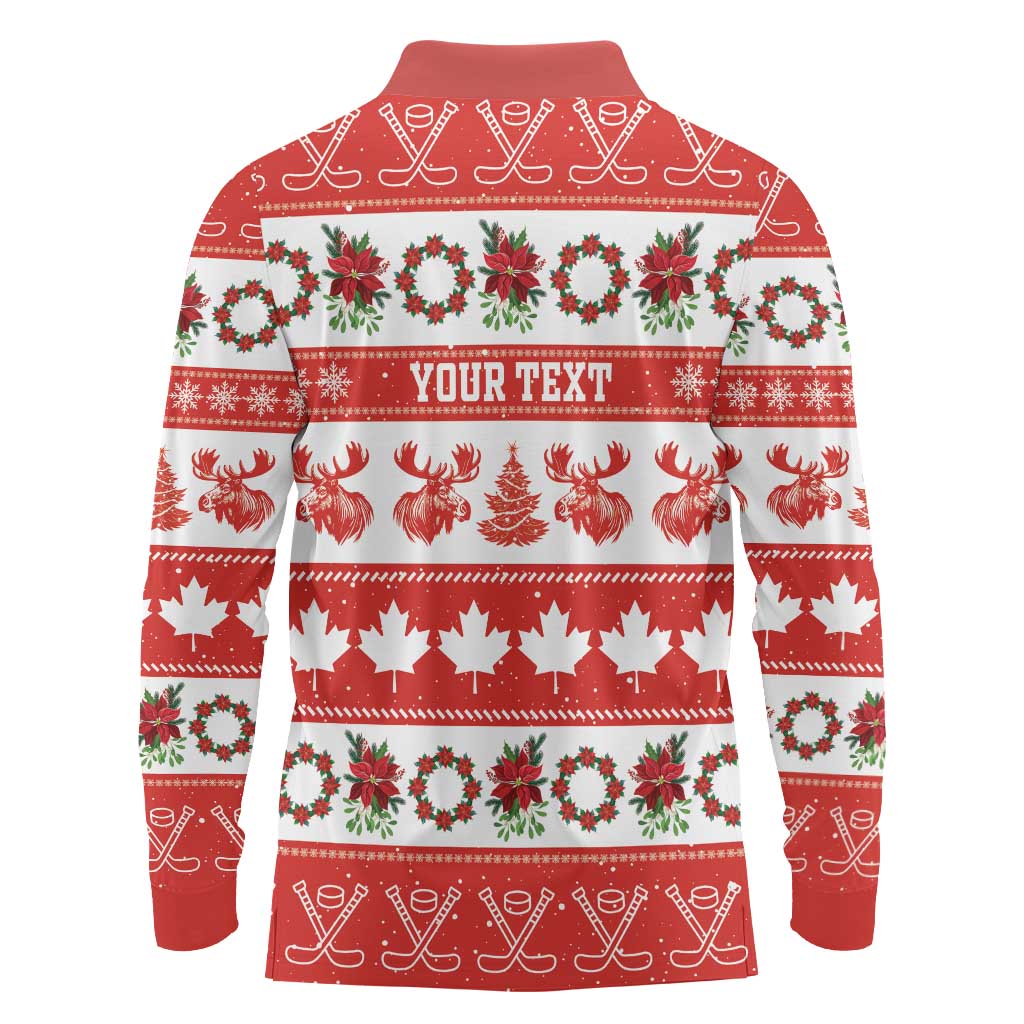 Personalised Canada Christmas Long Sleeve Polo Shirt Canadian Moose Maple Leaf Seamless Style - Wonder Print Shop