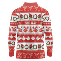 Personalised Canada Christmas Long Sleeve Polo Shirt Canadian Moose Maple Leaf Seamless Style - Wonder Print Shop