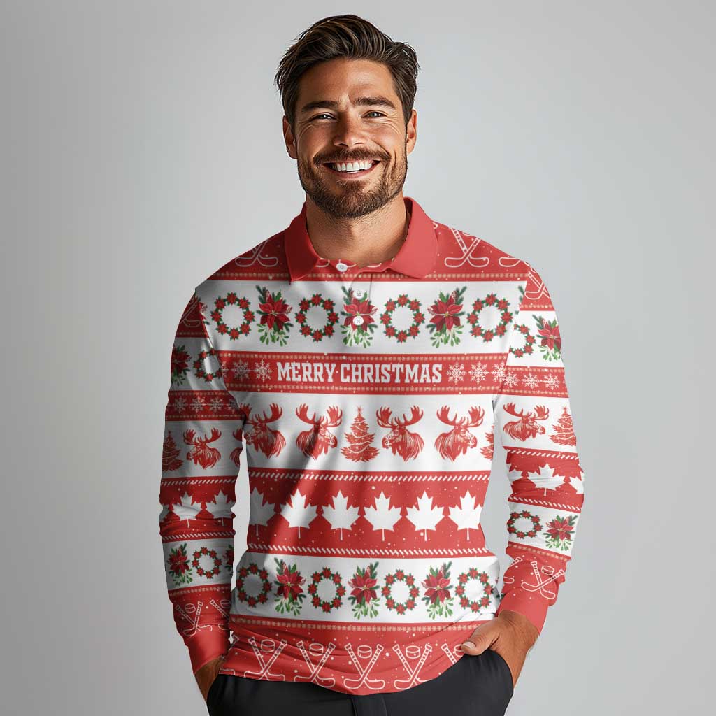 Personalised Canada Christmas Long Sleeve Polo Shirt Canadian Moose Maple Leaf Seamless Style - Wonder Print Shop