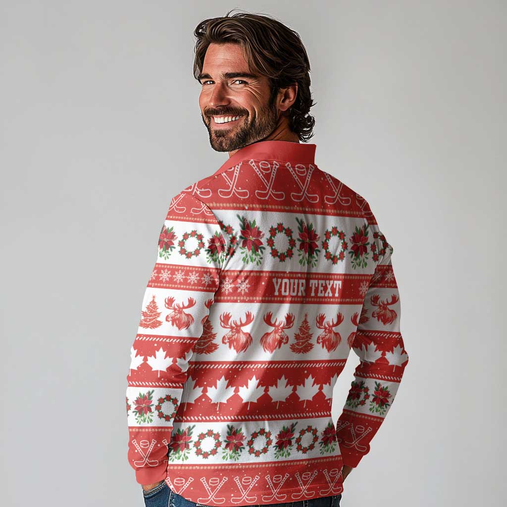 Personalised Canada Christmas Long Sleeve Polo Shirt Canadian Moose Maple Leaf Seamless Style - Wonder Print Shop