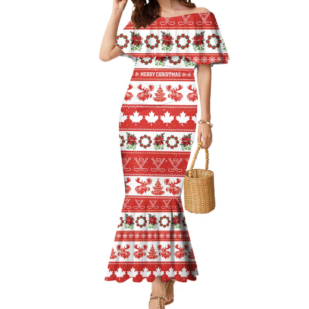 Personalised Canada Christmas Mermaid Dress Canadian Moose Maple Leaf Seamless Style - Wonder Print Shop