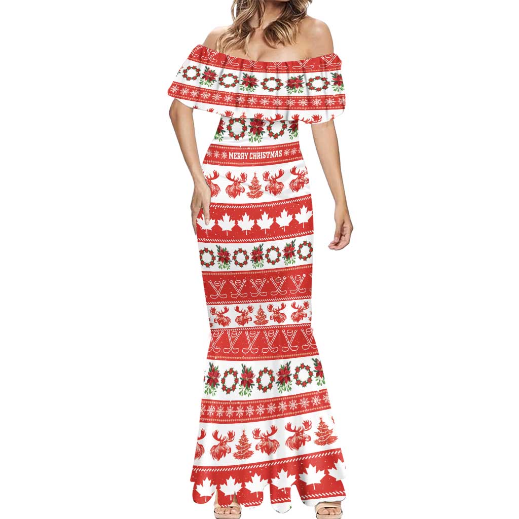 Personalised Canada Christmas Mermaid Dress Canadian Moose Maple Leaf Seamless Style - Wonder Print Shop