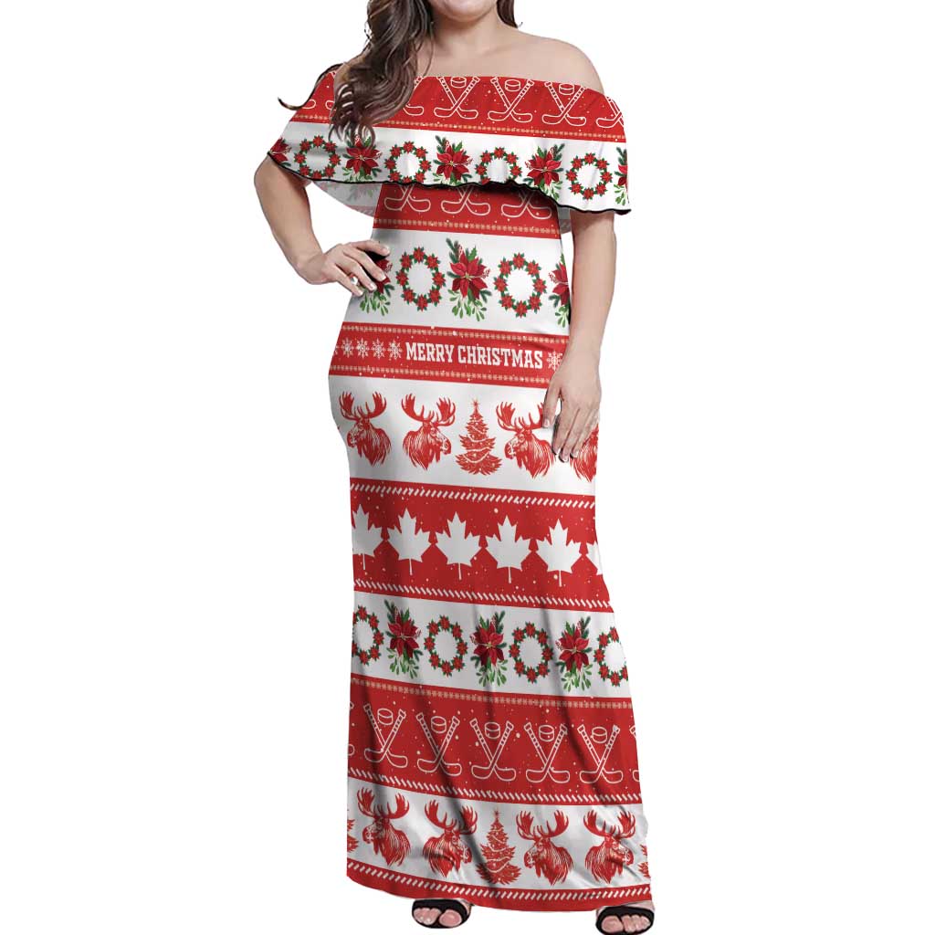 Personalised Canada Christmas Off Shoulder Maxi Dress Canadian Moose Maple Leaf Seamless Style - Wonder Print Shop