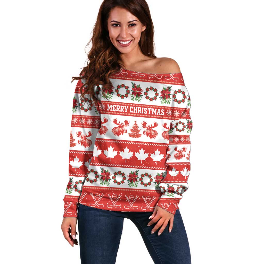 Personalised Canada Christmas Off Shoulder Sweater Canadian Moose Maple Leaf Seamless Style - Wonder Print Shop