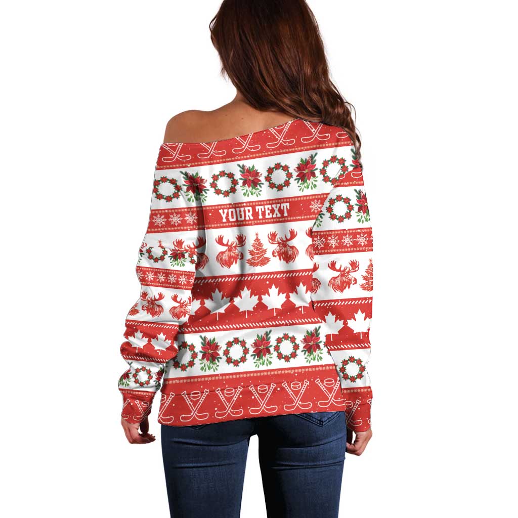 Personalised Canada Christmas Off Shoulder Sweater Canadian Moose Maple Leaf Seamless Style - Wonder Print Shop