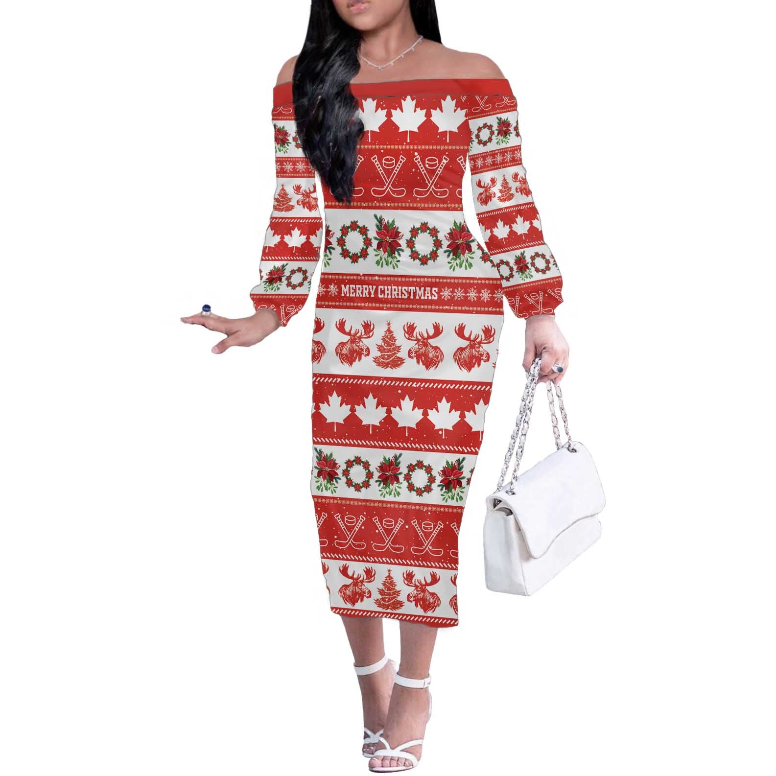 Personalised Canada Christmas Off The Shoulder Long Sleeve Dress Canadian Moose Maple Leaf Seamless Style - Wonder Print Shop