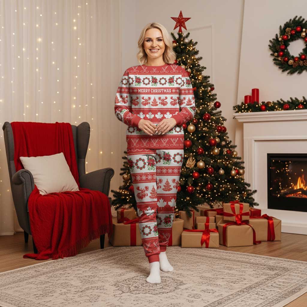 Personalised Canada Christmas Pajama Set Canadian Moose Maple Leaf Seamless Style - Wonder Print Shop