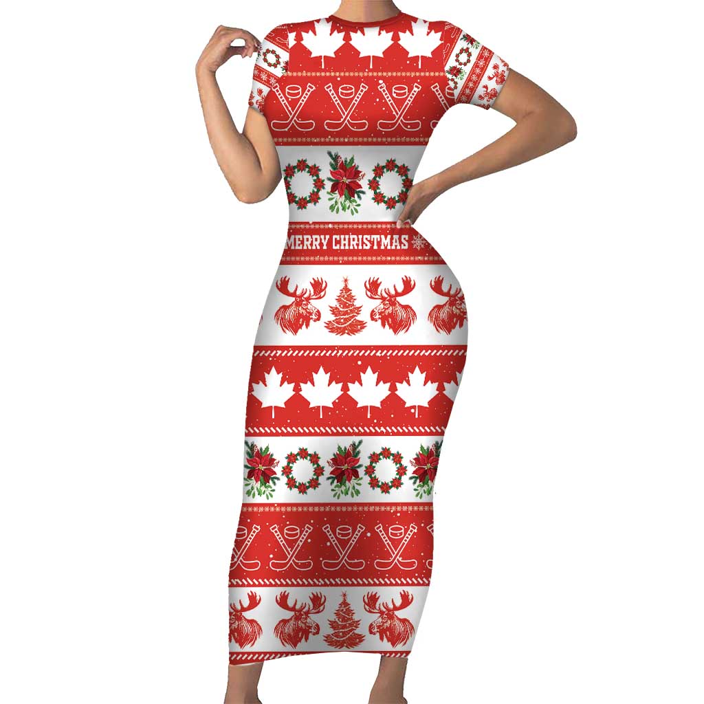 Personalised Canada Christmas Short Sleeve Bodycon Dress Canadian Moose Maple Leaf Seamless Style - Wonder Print Shop