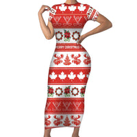 Personalised Canada Christmas Short Sleeve Bodycon Dress Canadian Moose Maple Leaf Seamless Style - Wonder Print Shop